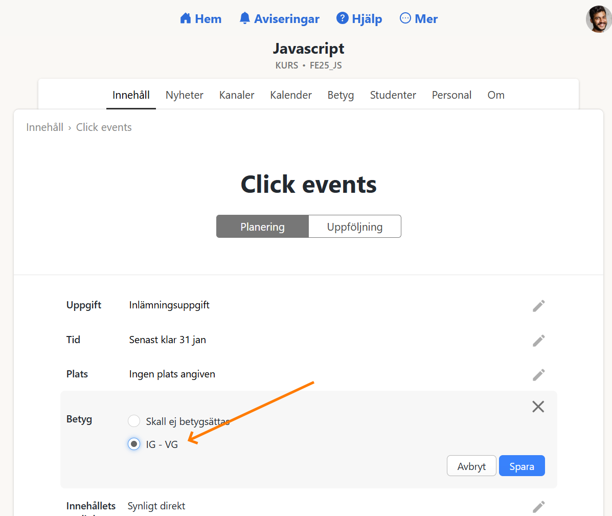 Inställning för betyg på kursdel