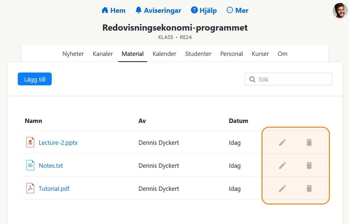 Ändra eller ta bort material