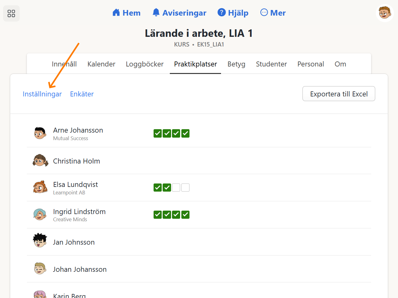 Länk till praktikinställningar